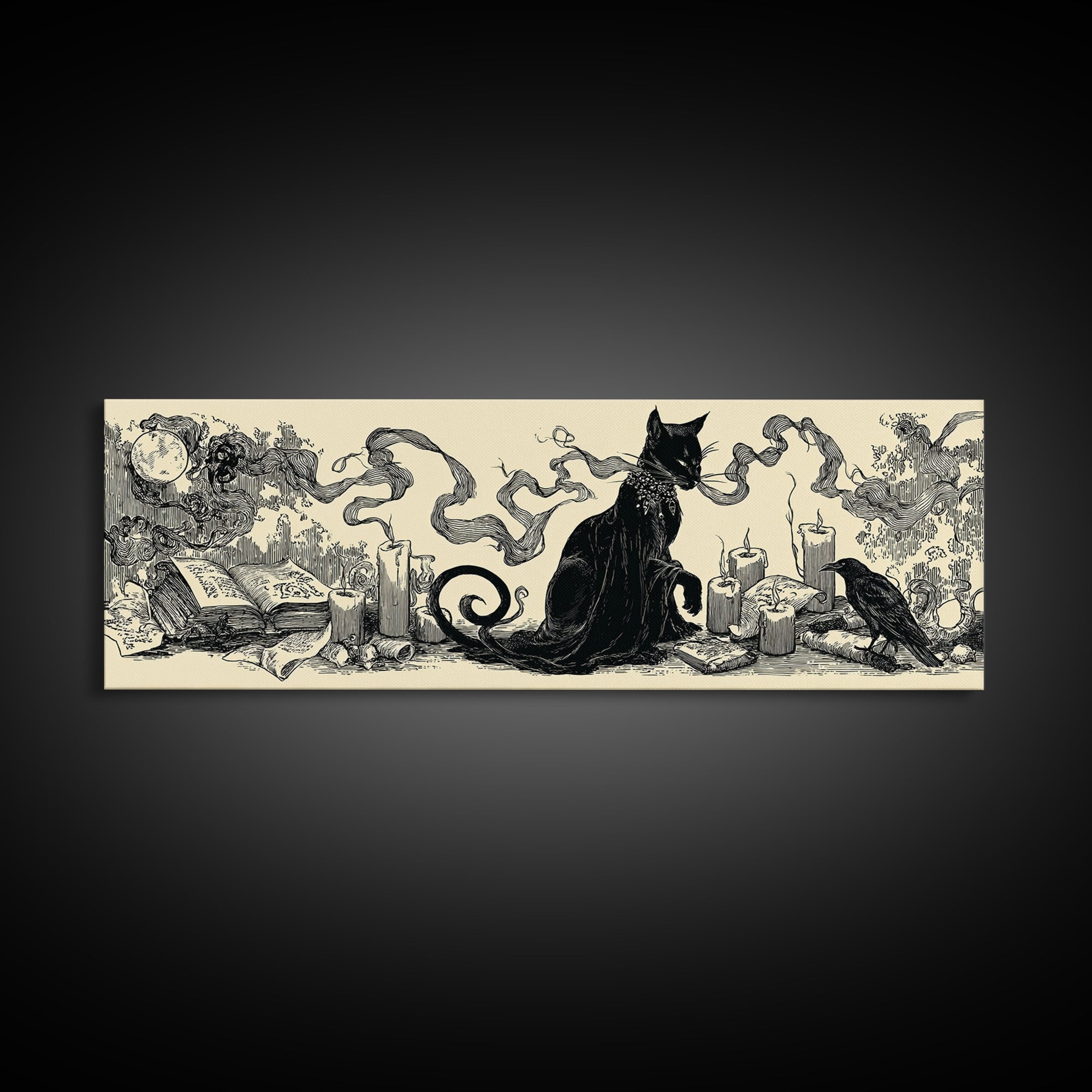 The Black Cat Familiar, Decadent Line Art, Extra Wide Wall Art, Dark Fantasy Wall Art, Framed Canvas Print, Halloween Wall Art