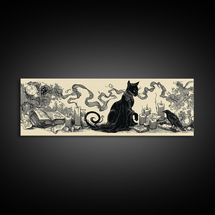 The Black Cat Familiar, Decadent Line Art, Extra Wide Wall Art, Dark Fantasy Wall Art, Framed Canvas Print, Halloween Wall Art