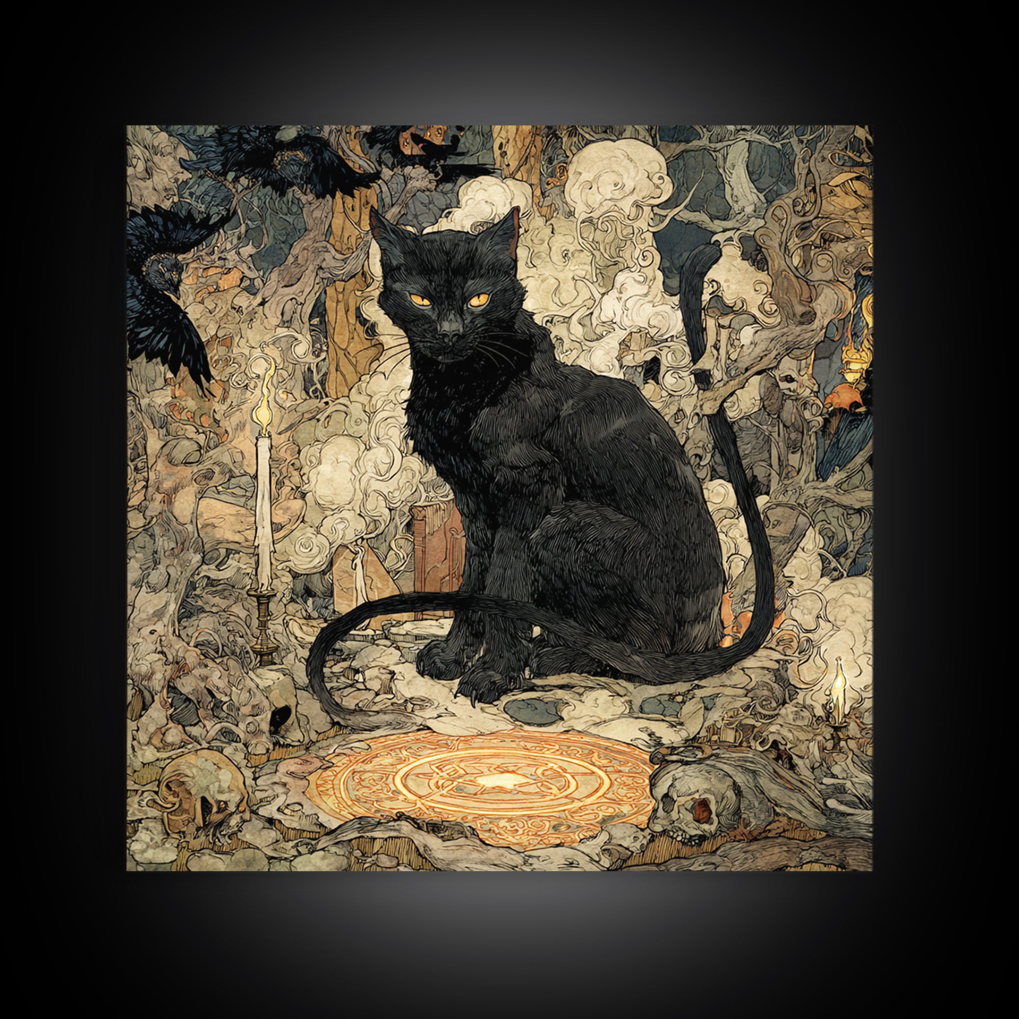 The Black Cat Familiar, Gothic Storybook Art, Square Wall Art, Macabre Wall Art, Framed Canvas Print, Halloween Wall Art