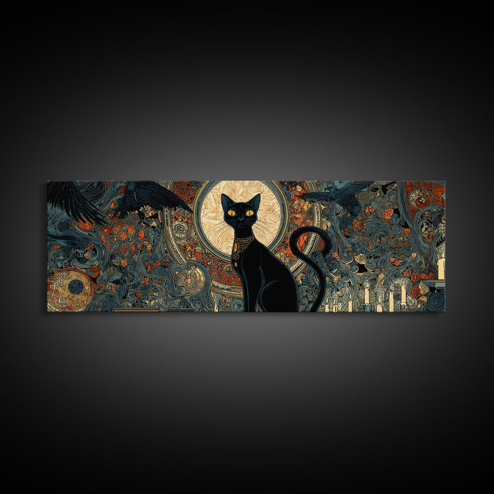 The Black Cat Familiar, Stained Glass Gothic Art, Extra Wide Wall Art, Dark Fantasy Wall Art, Framed Canvas Print, Halloween Wall Art