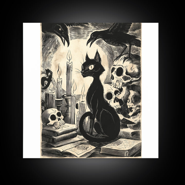 The Black Cat Familiar, Macabre Folk Print Art, Square Wall Art, Macabre Wall Art, Framed Canvas Print, Halloween Wall Art