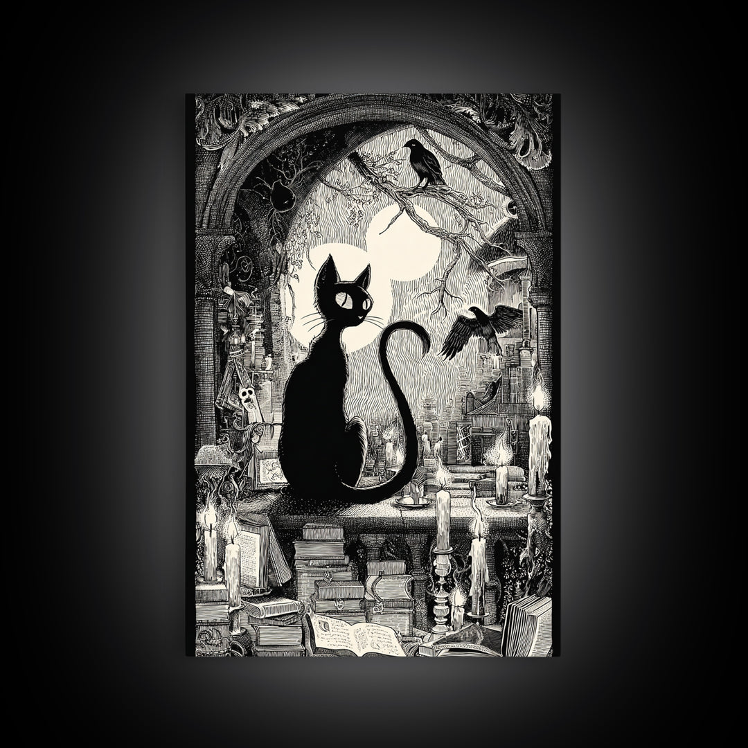 The Black Cat Familiar, Victorian Macabre Art, Vertical Wall Art, Dark Fantasy Wall Art, Framed Canvas Print, Halloween Wall Art