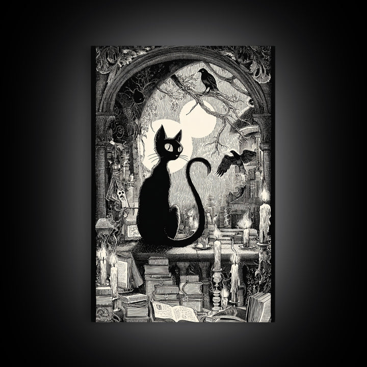 The Black Cat Familiar, Victorian Macabre Art, Vertical Wall Art, Dark Fantasy Wall Art, Framed Canvas Print, Halloween Wall Art