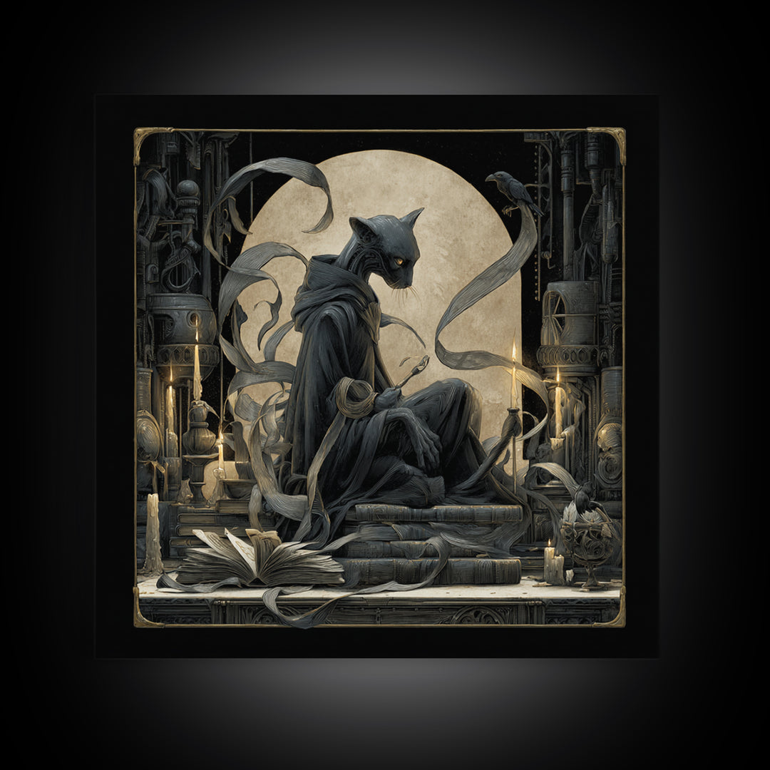 The Black Cat Familiar, Biomechanical Horror Art, Square Wall Art, Gothic Horror Wall Art, Canvas Print, Halloween Wall Art