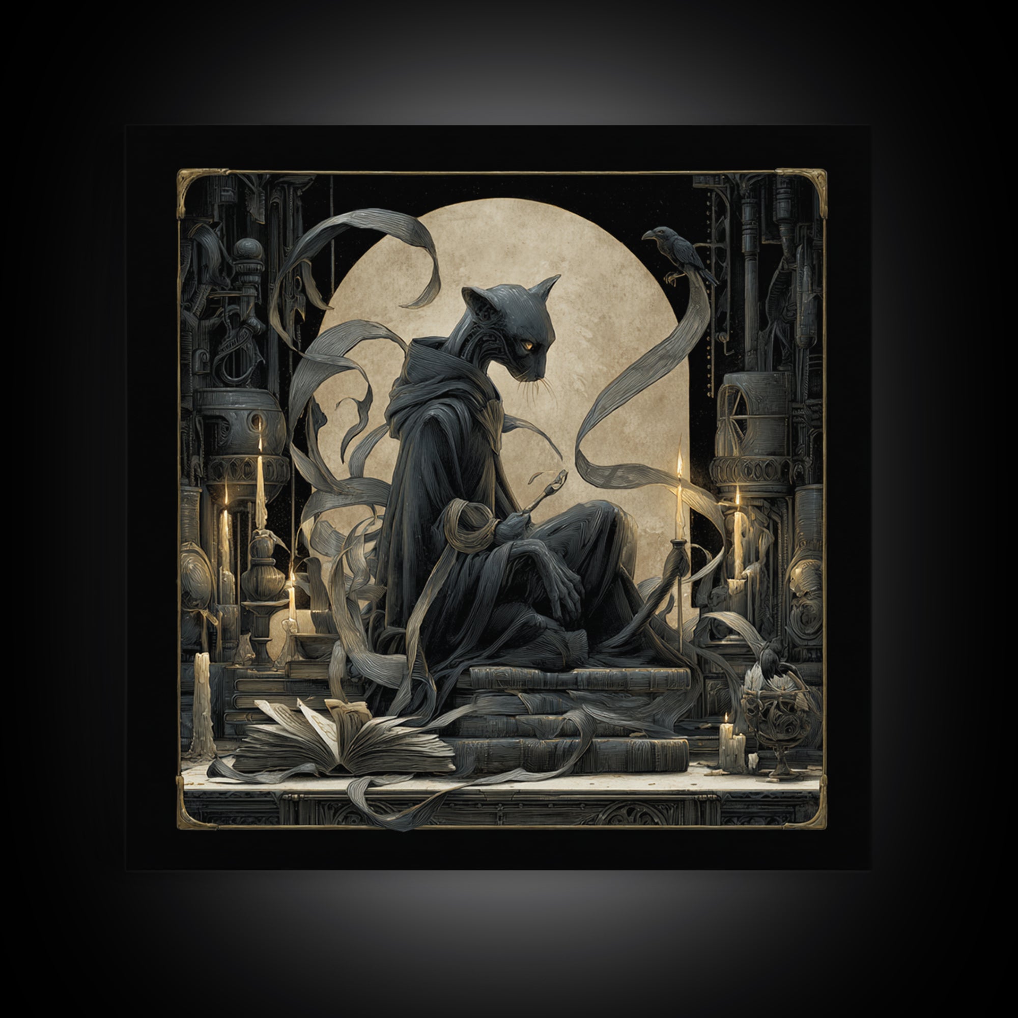 The Black Cat Familiar, Biomechanical Horror Art, Square Wall Art, Gothic Horror Wall Art, Canvas Print, Halloween Wall Art