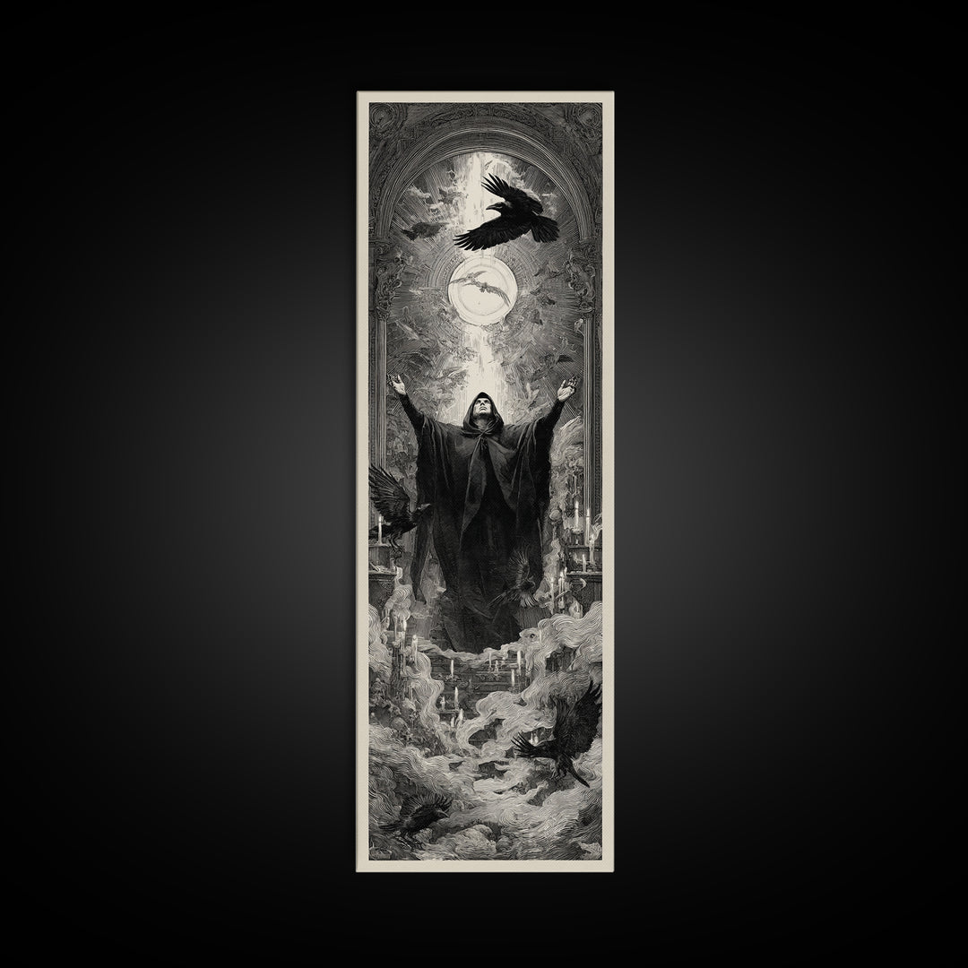 The Raven Keeper, Gothic Engraving Art, Tall Narrow Wall Art, Gothic Horror Wall Art, Canvas Print, Halloween Wall Art