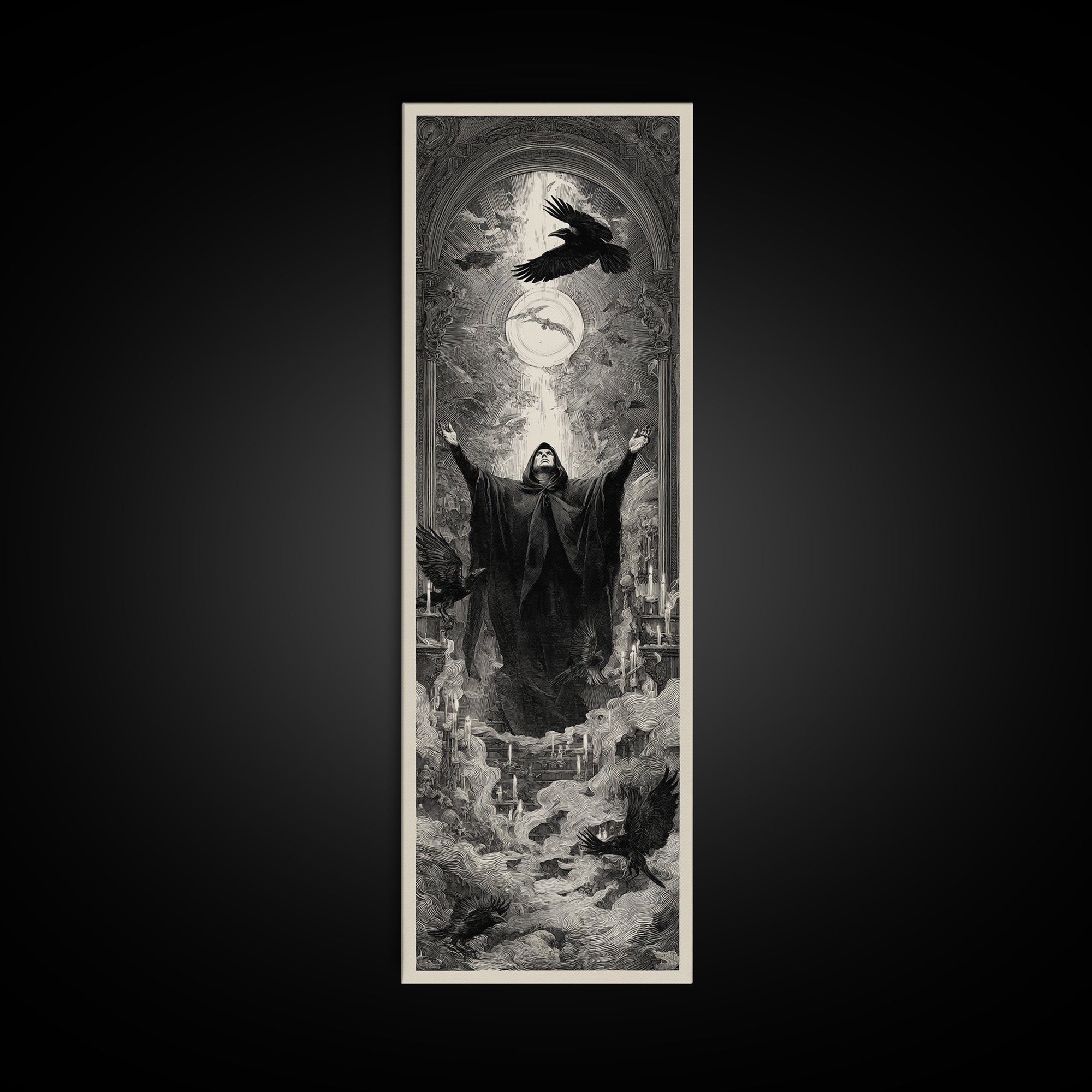 The Raven Keeper, Gothic Engraving Art, Tall Narrow Wall Art, Gothic Horror Wall Art, Canvas Print, Halloween Wall Art
