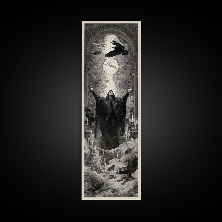 The Raven Keeper, Gothic Engraving Art, Tall Narrow Wall Art, Gothic Horror Wall Art, Canvas Print, Halloween Wall Art