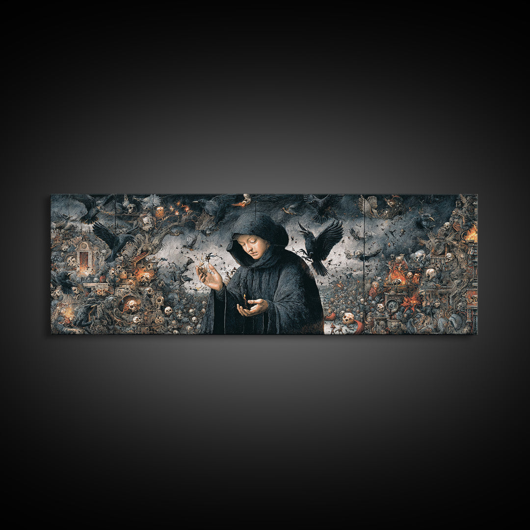 The Raven Keeper, Medieval Grotesque Art, Extra Wide Wall Art, Gothic Horror Wall Art, Framed Canvas Print, Halloween Wall Art