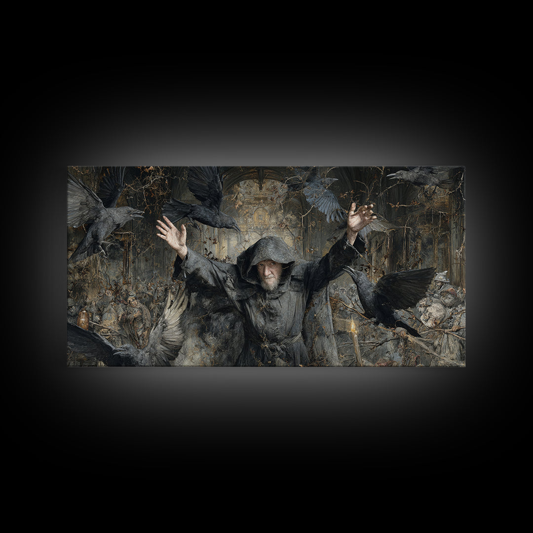 The Raven Keeper, Northern Renaissance Horror, Wide Panoramic Art, Dark Fantasy Wall Art, Canvas Print, Halloween Wall Art