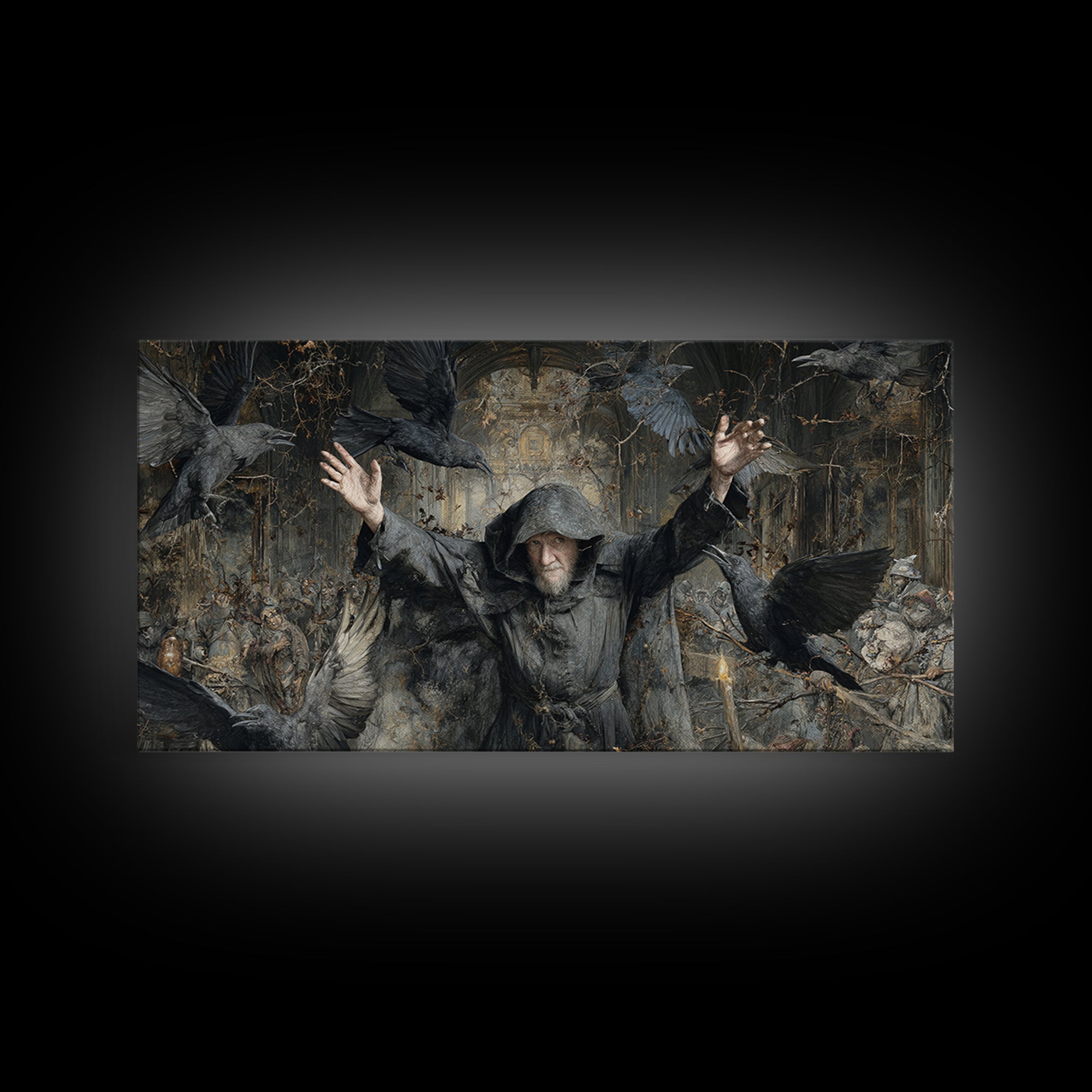 The Raven Keeper, Northern Renaissance Horror, Wide Panoramic Art, Dark Fantasy Wall Art, Canvas Print, Halloween Wall Art