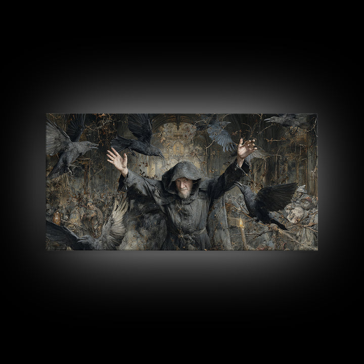 The Raven Keeper, Northern Renaissance Horror, Wide Panoramic Art, Dark Fantasy Wall Art, Canvas Print, Halloween Wall Art