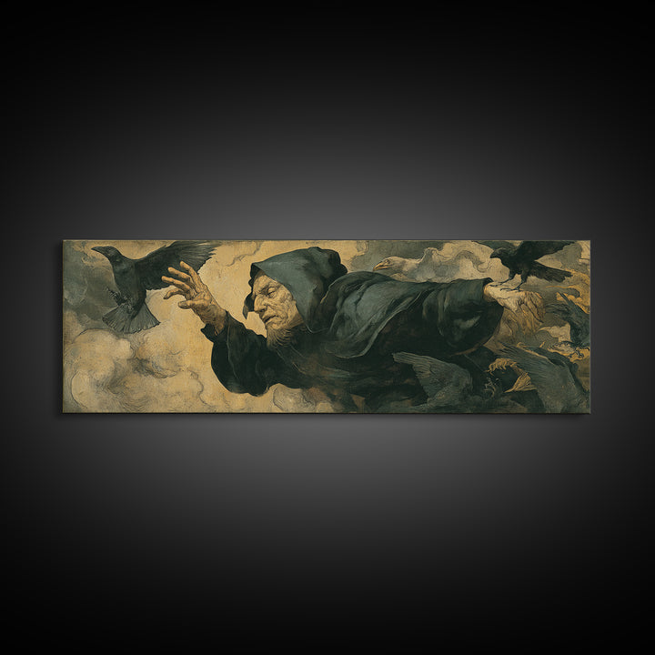 The Raven Keeper, Dark Renaissance Art, Extra Wide Wall Art, Dark Fantasy Wall Art, Canvas Print, Halloween Wall Art