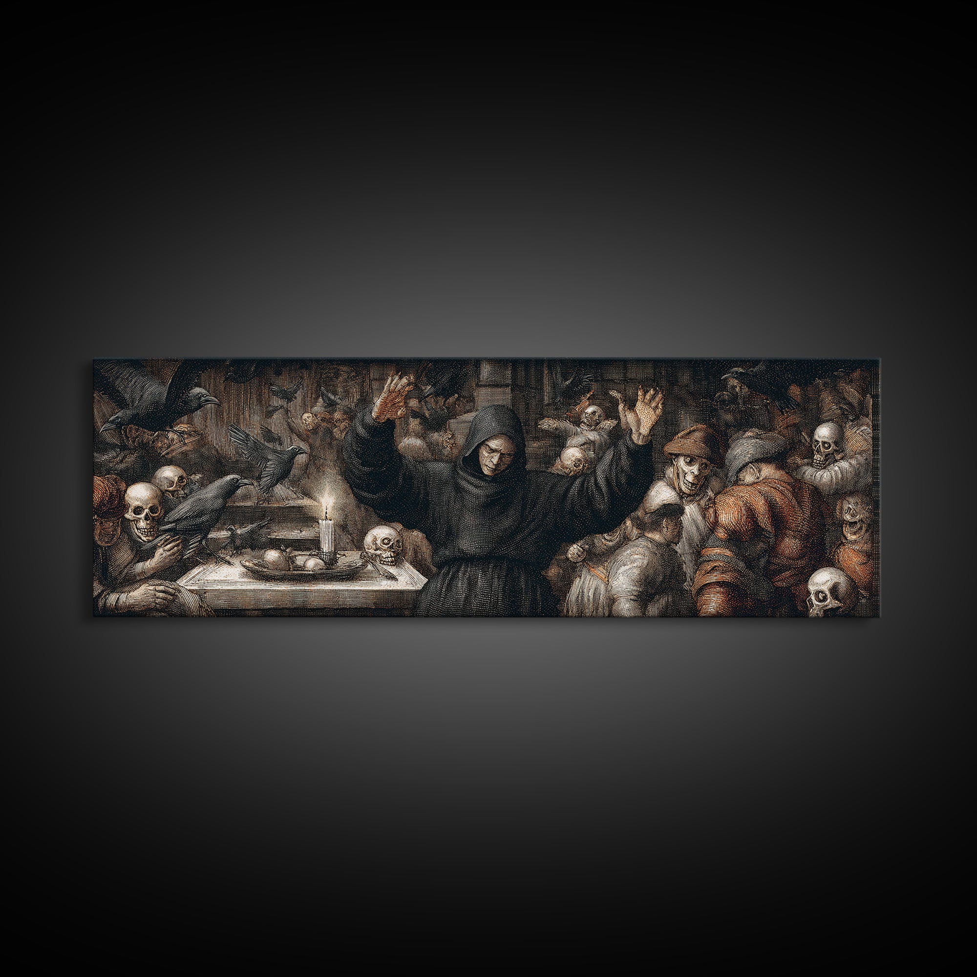 The Raven Keeper, Danse Macabre Art, Extra Wide Wall Art, Macabre Wall Art, Framed Canvas Print, Halloween Wall Art