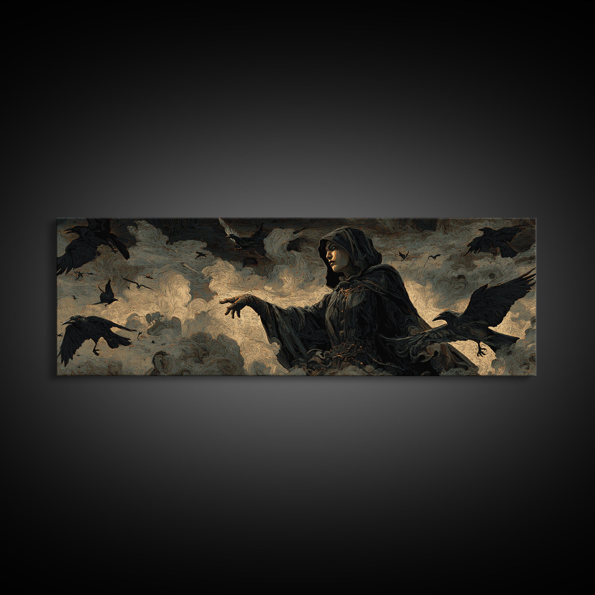 The Raven Keeper, Visionary Gothic Art, Extra Wide Wall Art, Macabre Wall Art, Canvas Print, Halloween Wall Art, Statement Wall Art