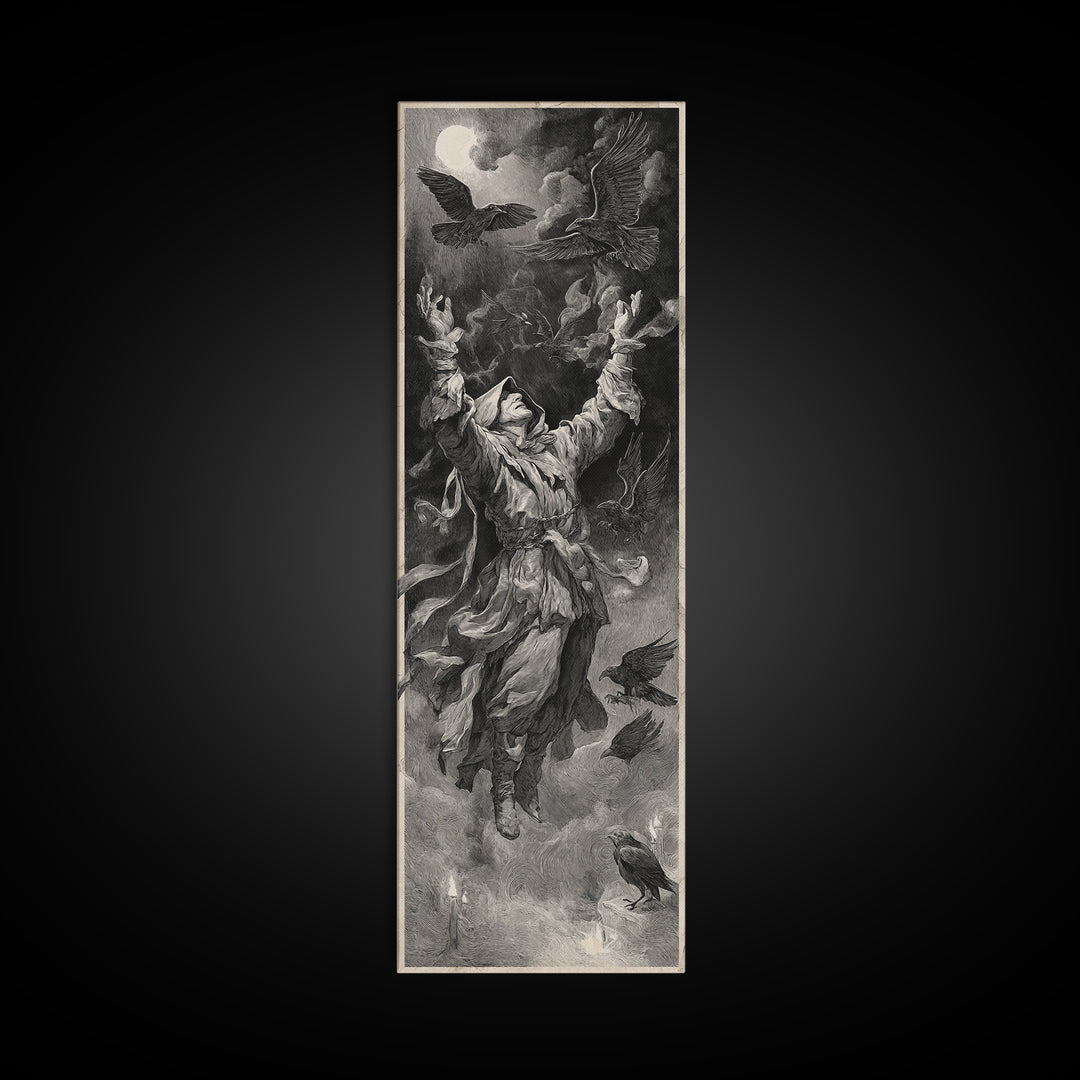 The Raven Keeper, Architectural Etching Art, Tall Narrow Wall Art, Dark Fantasy Wall Art, Canvas Print, Halloween Wall Art