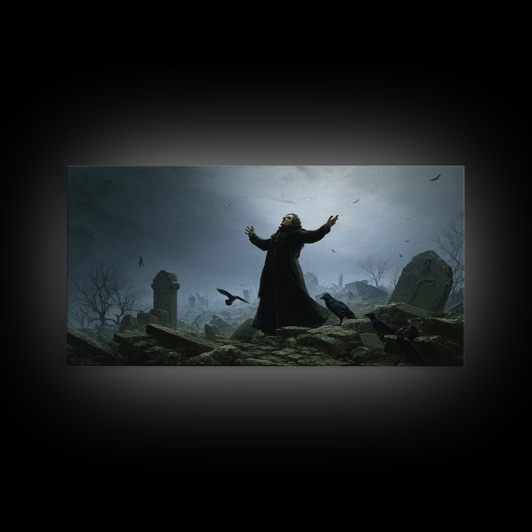 The Raven Keeper, Romantic Gothic Landscape, Wide Panoramic Art, Dark Halloween Decor, Framed Canvas Print, Halloween Wall Art