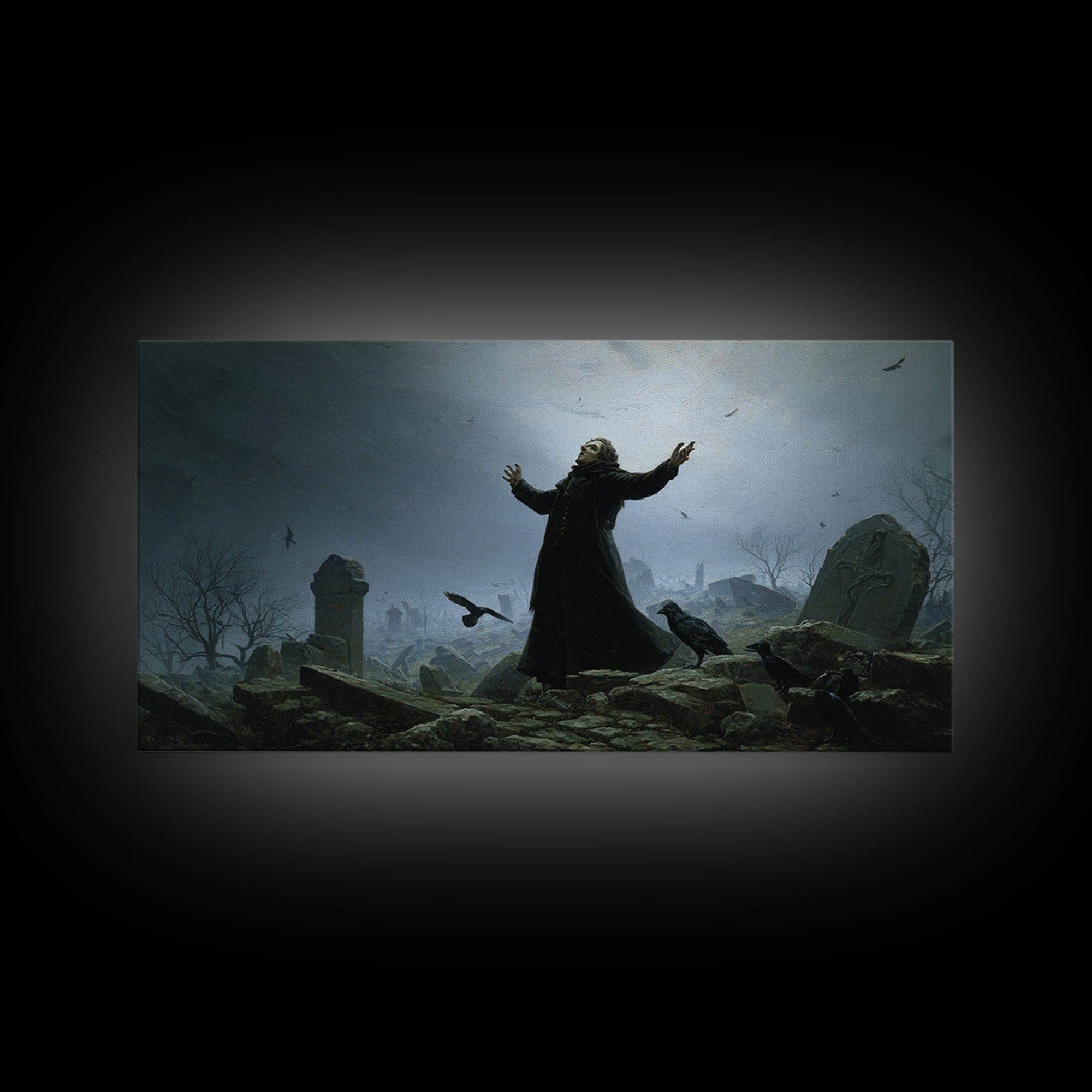 The Raven Keeper, Romantic Gothic Landscape, Wide Panoramic Art, Dark Halloween Decor, Framed Canvas Print, Halloween Wall Art