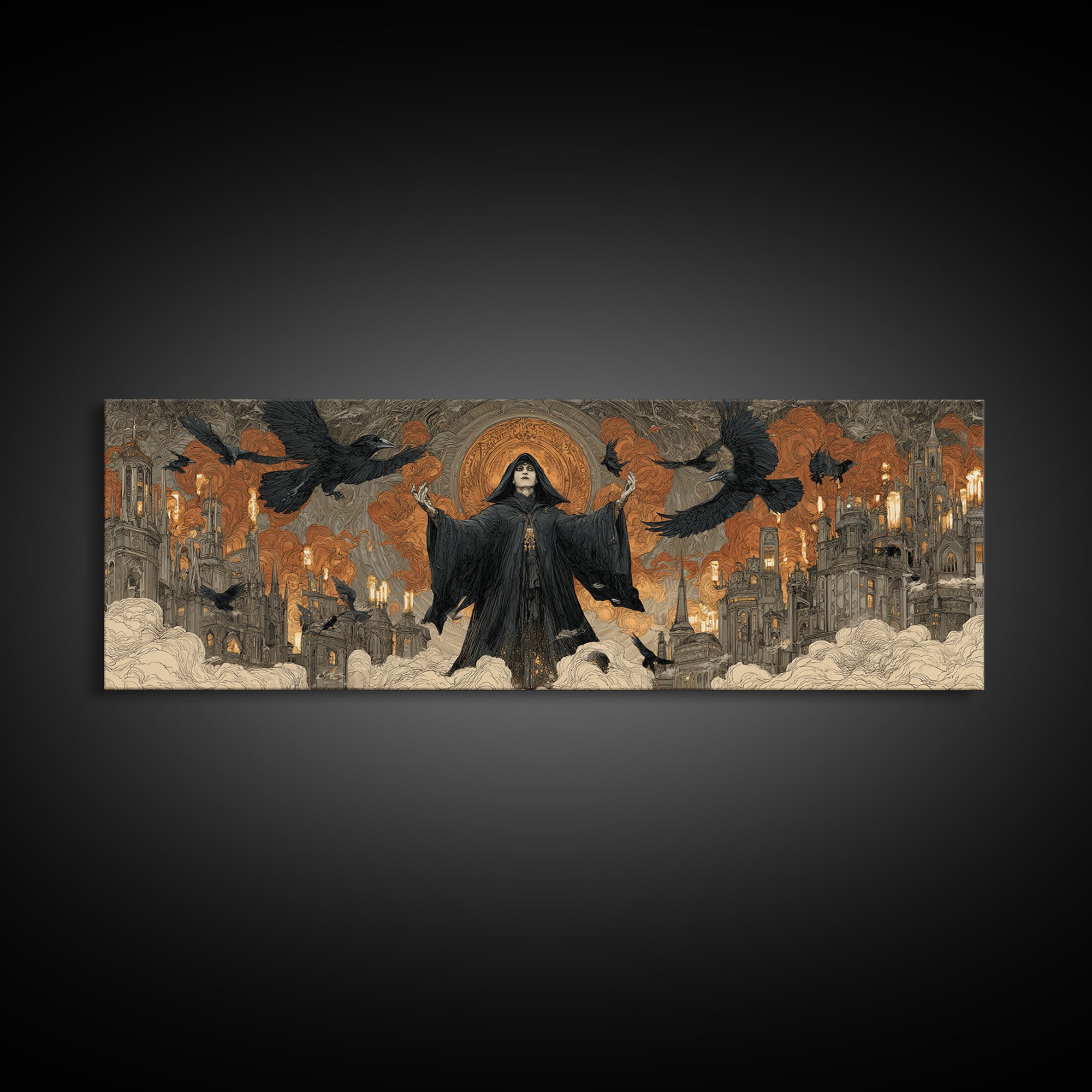 The Raven Keeper, Apocalyptic Romantic Art, Extra Wide Wall Art, Gothic Horror Wall Art, Canvas Print, Halloween Wall Art