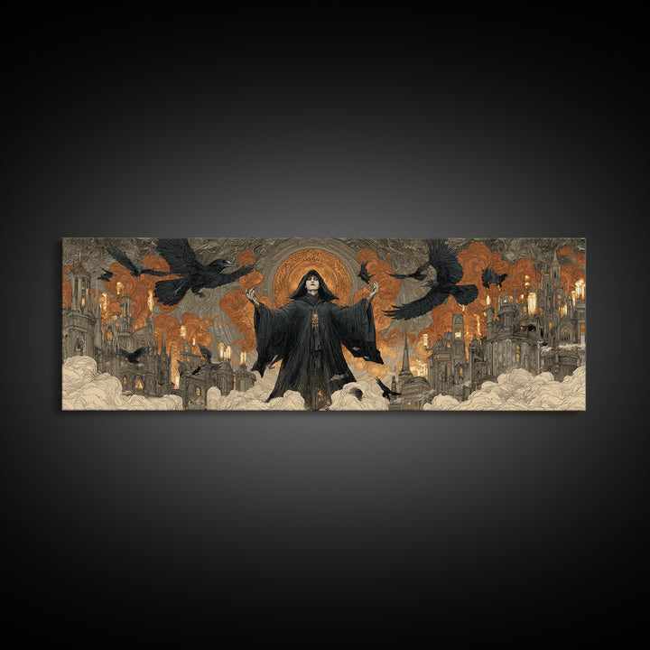 The Raven Keeper, Apocalyptic Romantic Art, Extra Wide Wall Art, Gothic Horror Wall Art, Canvas Print, Halloween Wall Art