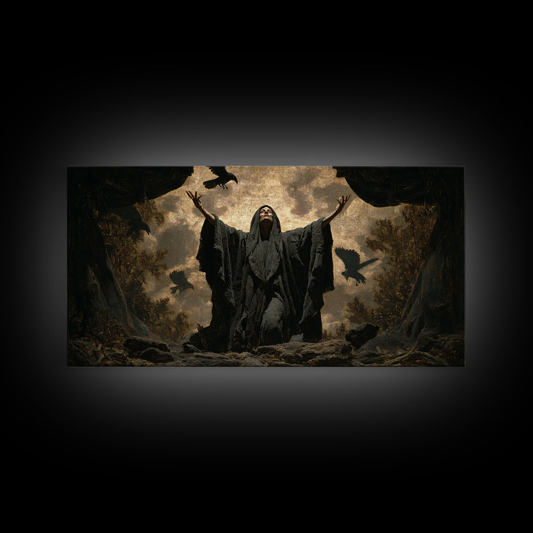 The Raven Keeper, Symbolist Gothic Landscape, Wide Panoramic Art, Dark Halloween Decor, Framed Canvas Print, Halloween Wall Art