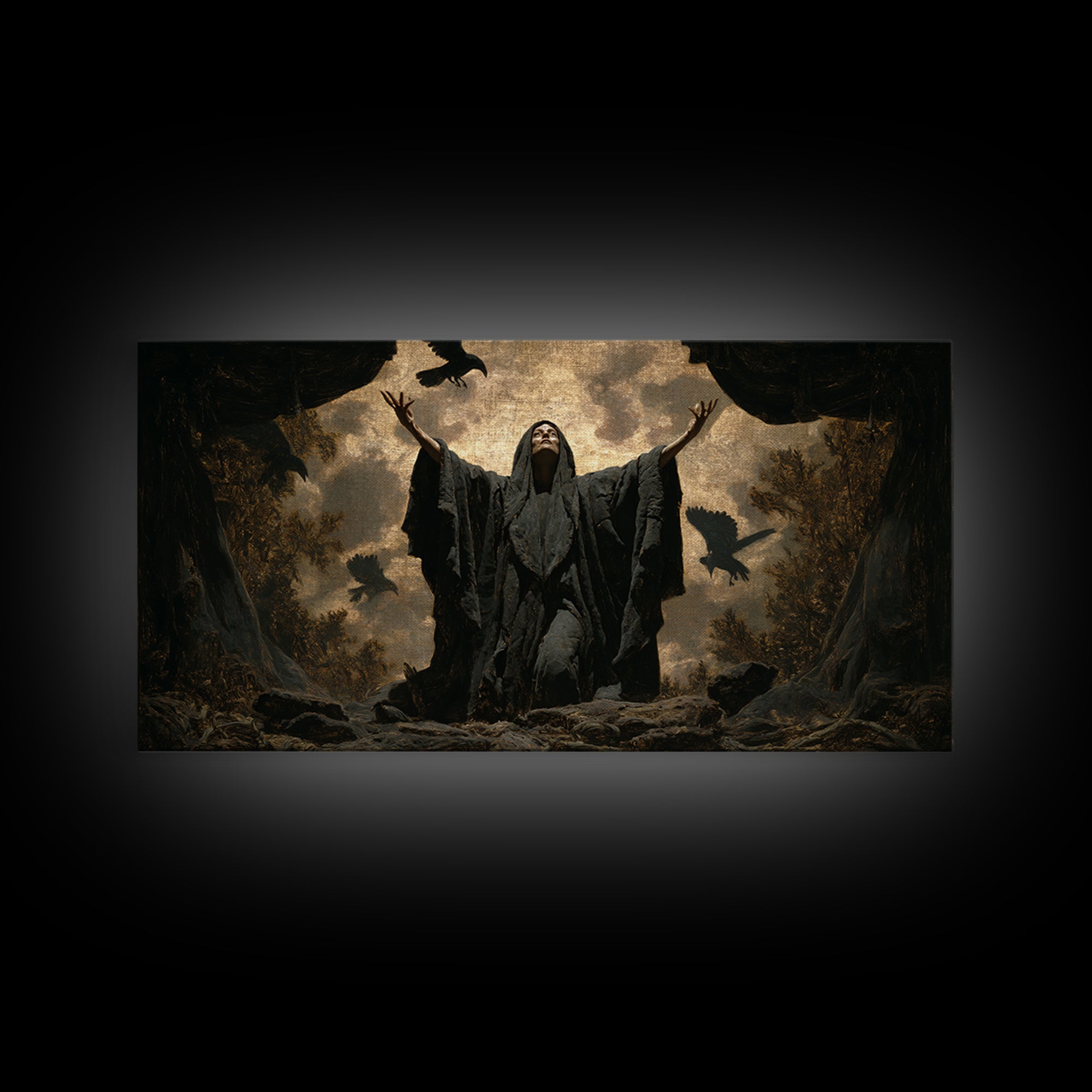 The Raven Keeper, Symbolist Gothic Landscape, Wide Panoramic Art, Dark Halloween Decor, Framed Canvas Print, Halloween Wall Art