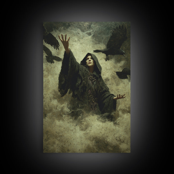 The Raven Keeper, Ornate Symbolist Art, Vertical Wall Art, Dark Fantasy Wall Art, Framed Canvas Print, Halloween Wall Art