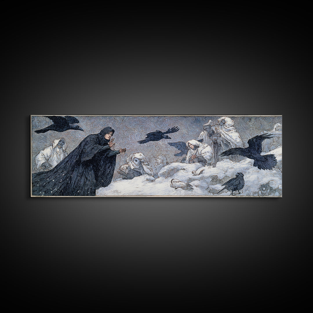The Raven Keeper, Symbolist Death Art, Extra Wide Wall Art, Dark Halloween Decor, Canvas Print, Halloween Wall Art
