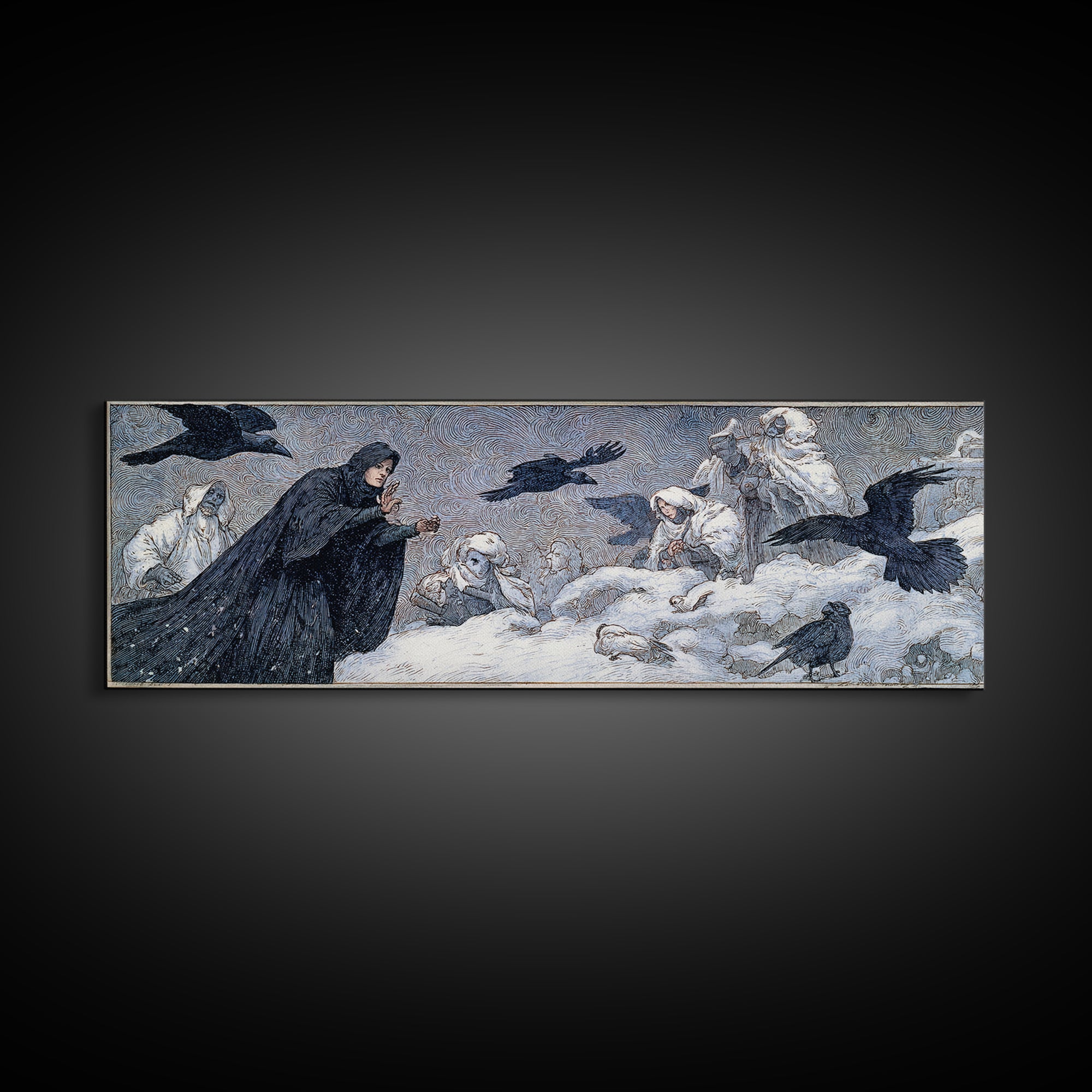 The Raven Keeper, Symbolist Death Art, Extra Wide Wall Art, Dark Halloween Decor, Canvas Print, Halloween Wall Art