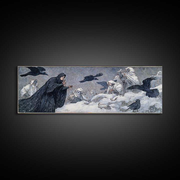 The Raven Keeper, Symbolist Death Art, Extra Wide Wall Art, Dark Halloween Decor, Canvas Print, Halloween Wall Art