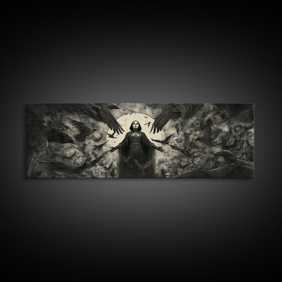 The Raven Keeper, Dark Symbolist Art, Extra Wide Wall Art, Gothic Horror Wall Art, Canvas Print, Halloween Wall Art