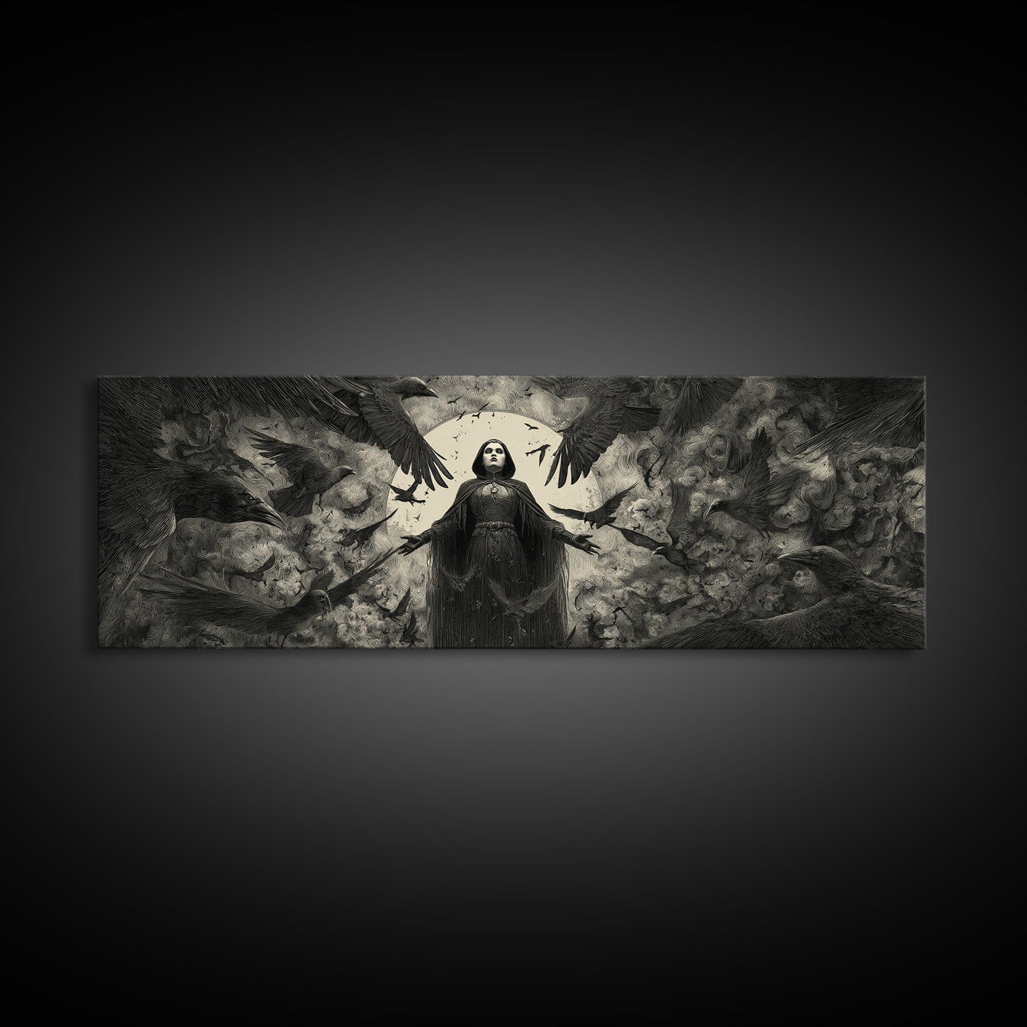 The Raven Keeper, Dark Symbolist Art, Extra Wide Wall Art, Gothic Horror Wall Art, Canvas Print, Halloween Wall Art