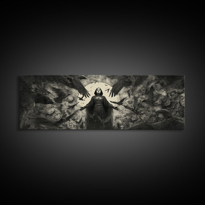 The Raven Keeper, Dark Symbolist Art, Extra Wide Wall Art, Gothic Horror Wall Art, Canvas Print, Halloween Wall Art