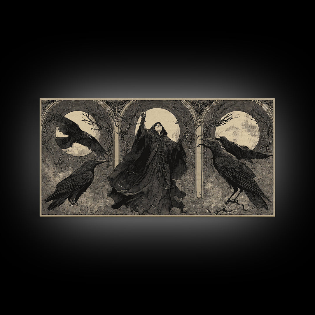 The Raven Keeper, Expressionist Nightmare Art, Wide Panoramic Art, Dark Halloween Decor, Framed Canvas Print, Halloween Wall Art