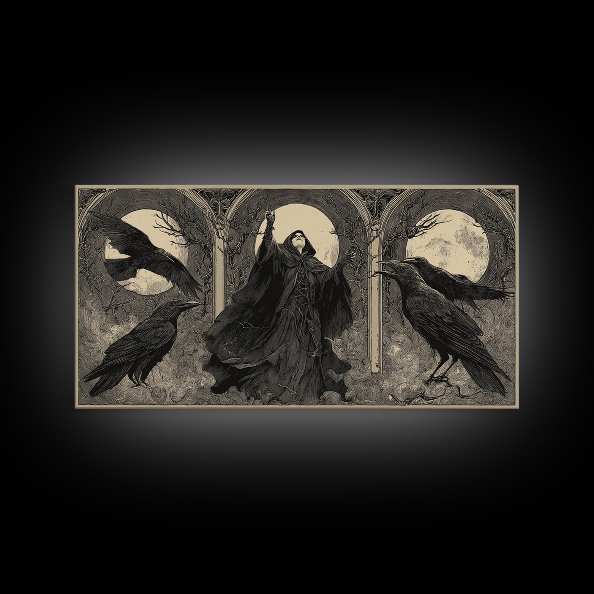 The Raven Keeper, Expressionist Nightmare Art, Wide Panoramic Art, Dark Halloween Decor, Framed Canvas Print, Halloween Wall Art