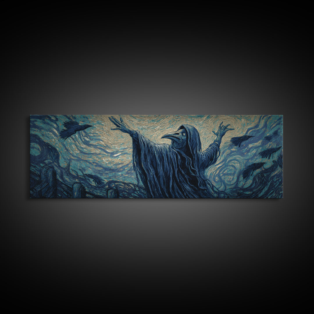 The Raven Keeper, Expressionist Gothic Art, Extra Wide Wall Art, Dark Fantasy Wall Art, Canvas Print, Halloween Wall Art