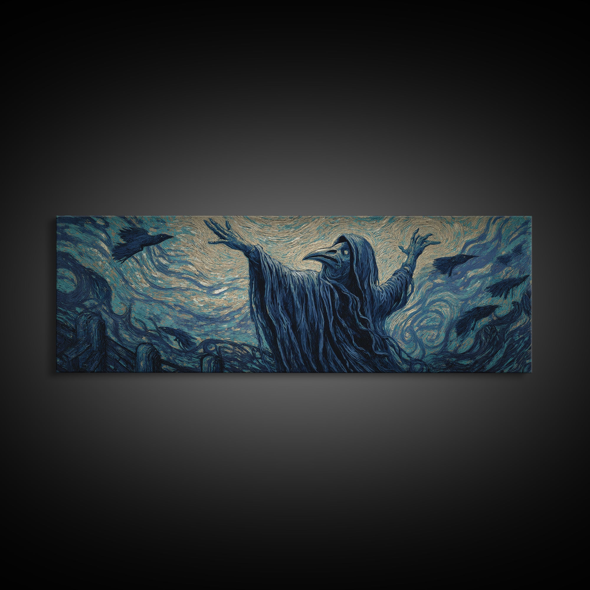 The Raven Keeper, Expressionist Gothic Art, Extra Wide Wall Art, Dark Fantasy Wall Art, Canvas Print, Halloween Wall Art