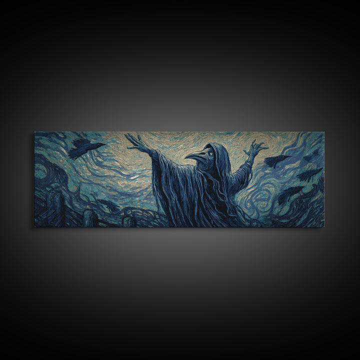 The Raven Keeper, Expressionist Gothic Art, Extra Wide Wall Art, Dark Fantasy Wall Art, Canvas Print, Halloween Wall Art