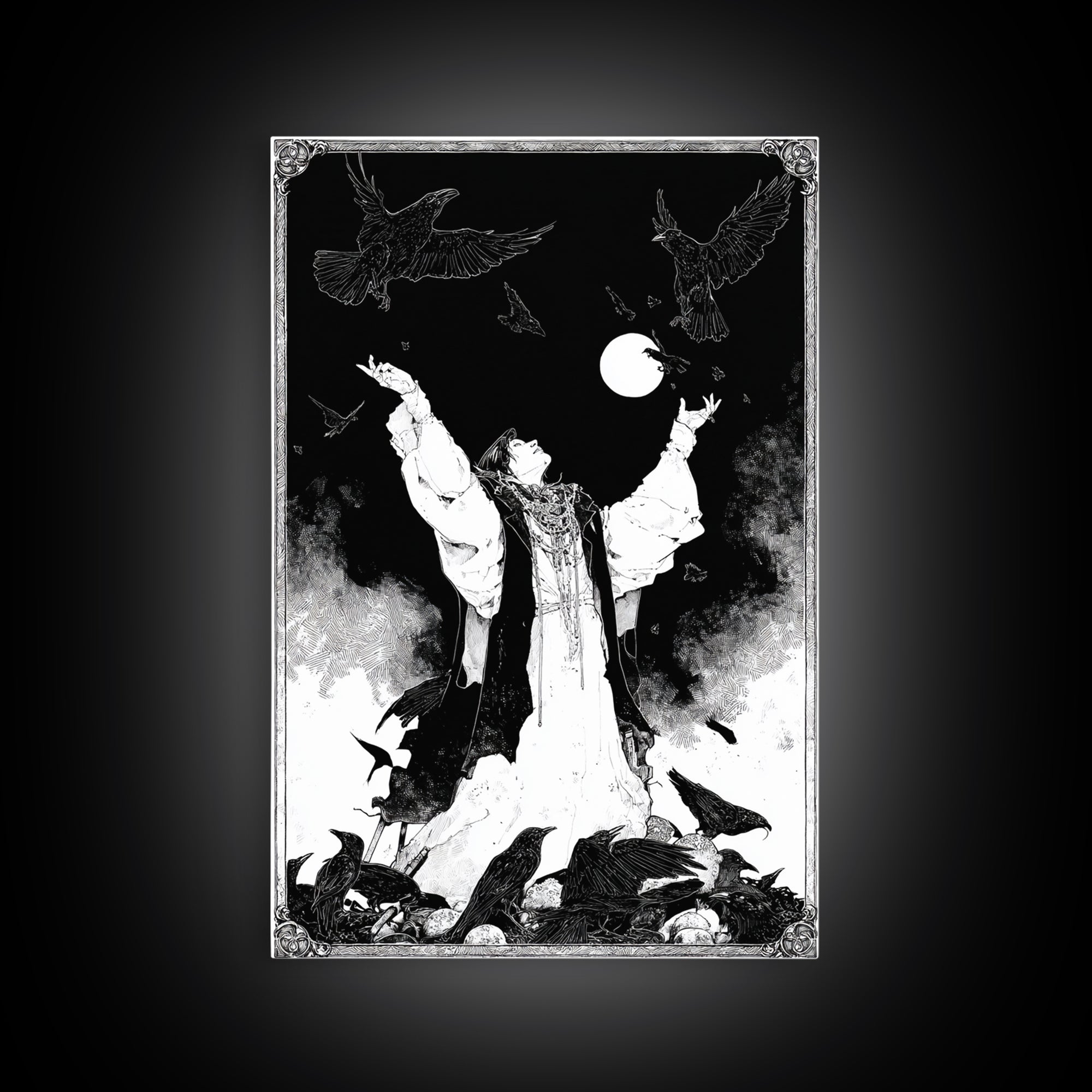 The Raven Keeper, Decadent Line Art, Vertical Wall Art, Macabre Wall Art, Canvas Print, Halloween Wall Art, Halloween Decor
