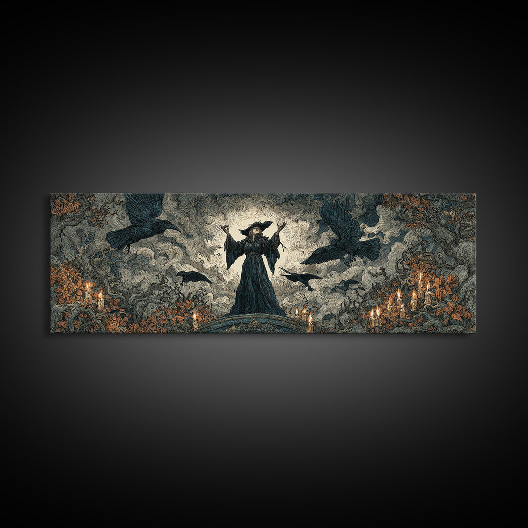 The Raven Keeper, Gothic Storybook Art, Extra Wide Wall Art, Gothic Horror Wall Art, Framed Canvas Print, Halloween Wall Art