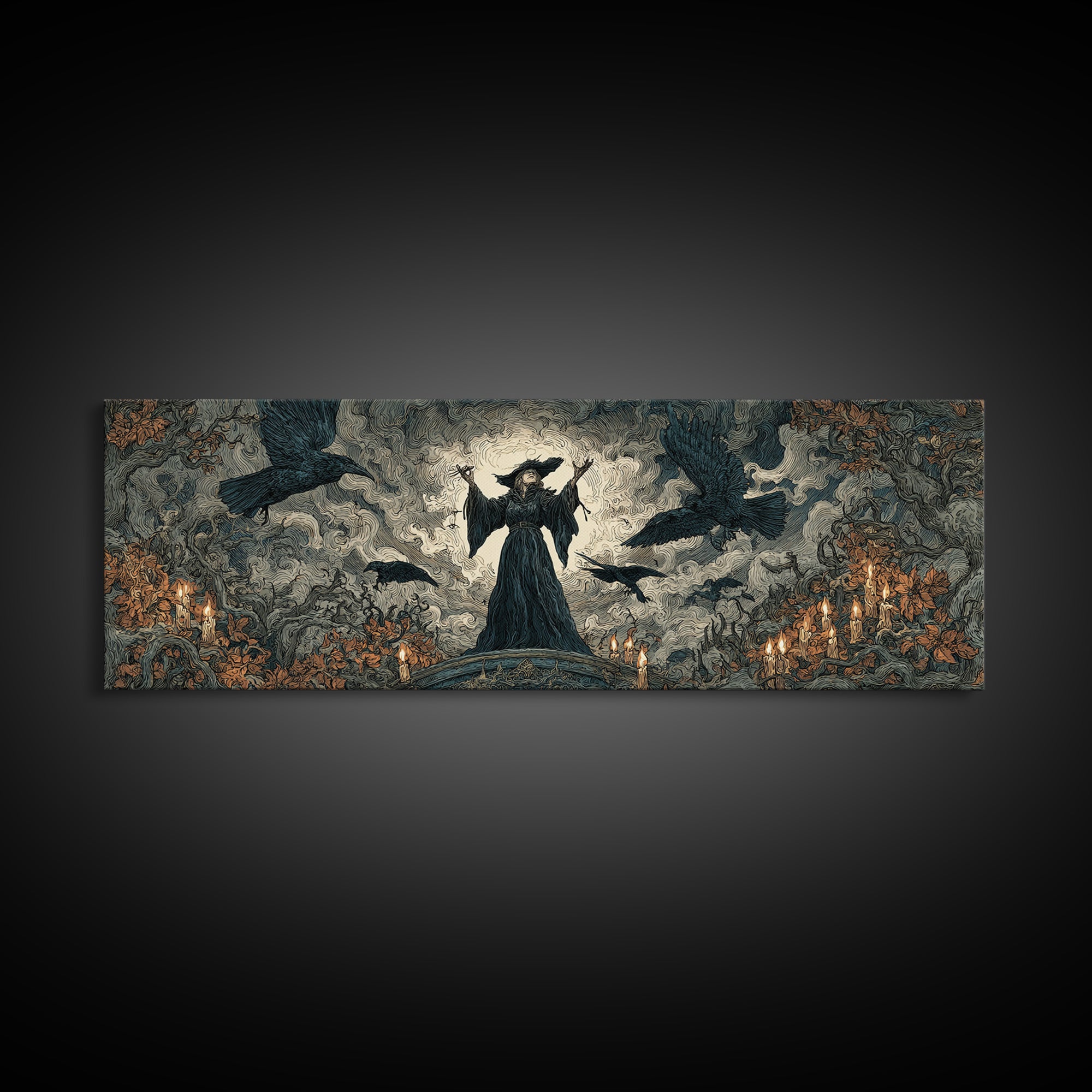 The Raven Keeper, Gothic Storybook Art, Extra Wide Wall Art, Gothic Horror Wall Art, Framed Canvas Print, Halloween Wall Art
