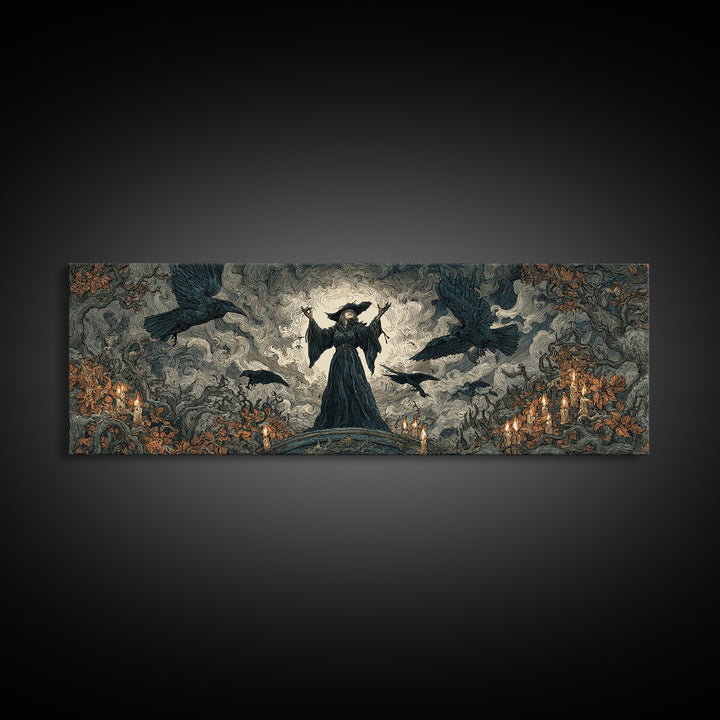 The Raven Keeper, Gothic Storybook Art, Extra Wide Wall Art, Gothic Horror Wall Art, Framed Canvas Print, Halloween Wall Art