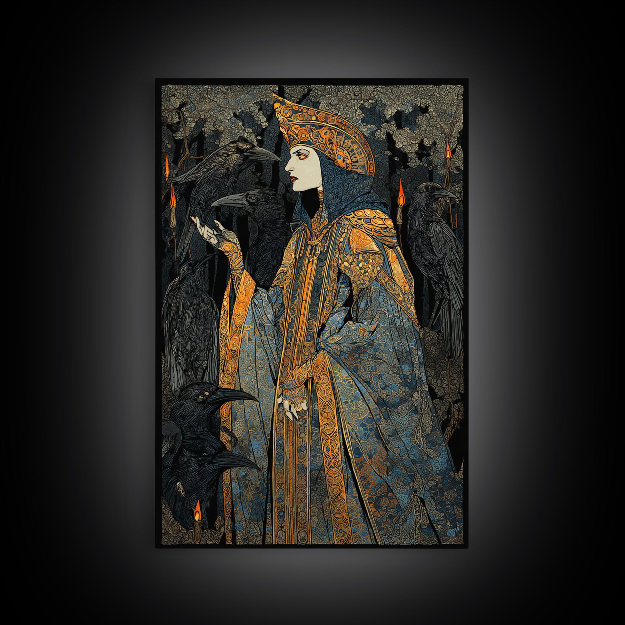 The Raven Keeper, Stained Glass Gothic Art, Vertical Wall Art, Dark Halloween Decor, Canvas Print, Halloween Wall Art, Spooky Wall Decor