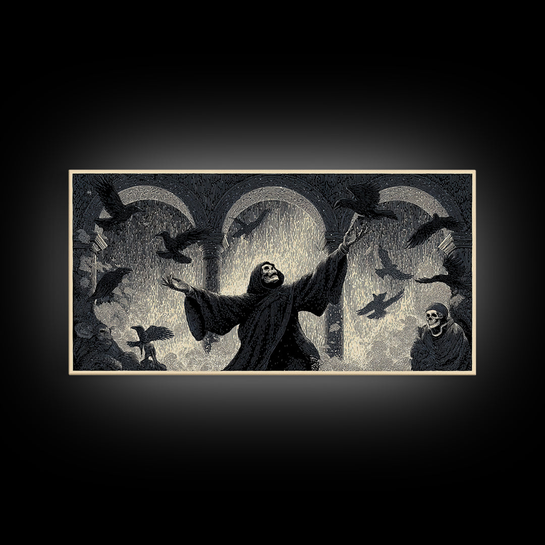 The Raven Keeper, Macabre Folk Print Art, Wide Panoramic Art, Dark Fantasy Wall Art, Canvas Print, Halloween Wall Art
