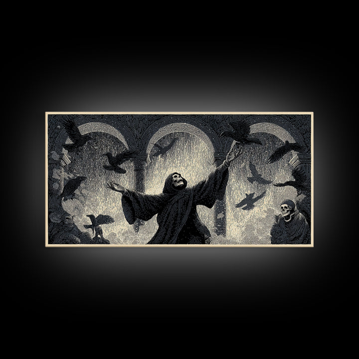 The Raven Keeper, Macabre Folk Print Art, Wide Panoramic Art, Dark Fantasy Wall Art, Canvas Print, Halloween Wall Art