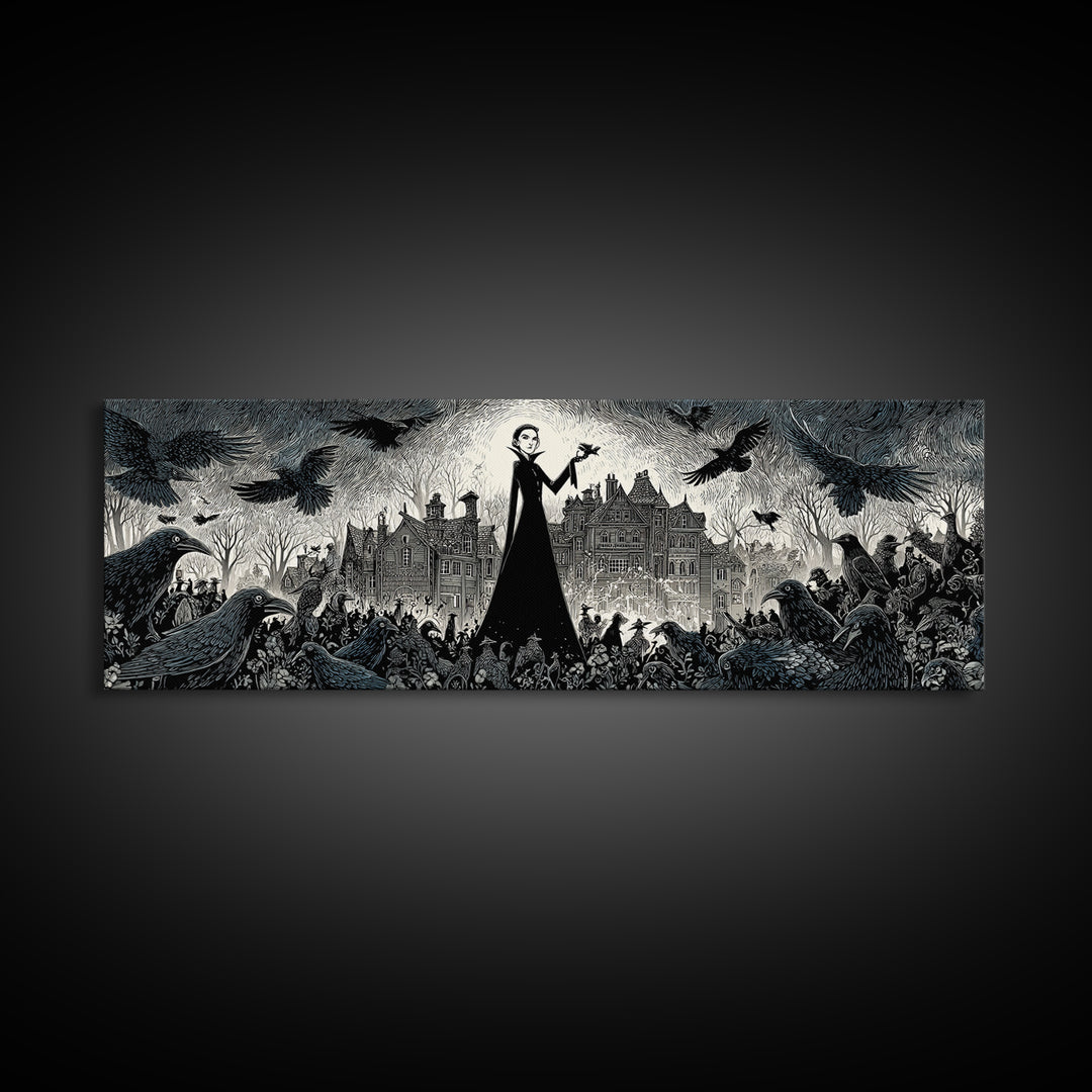 The Raven Keeper, Victorian Macabre Art, Extra Wide Wall Art, Macabre Wall Art, Framed Canvas Print, Halloween Wall Art, Halloween Decor