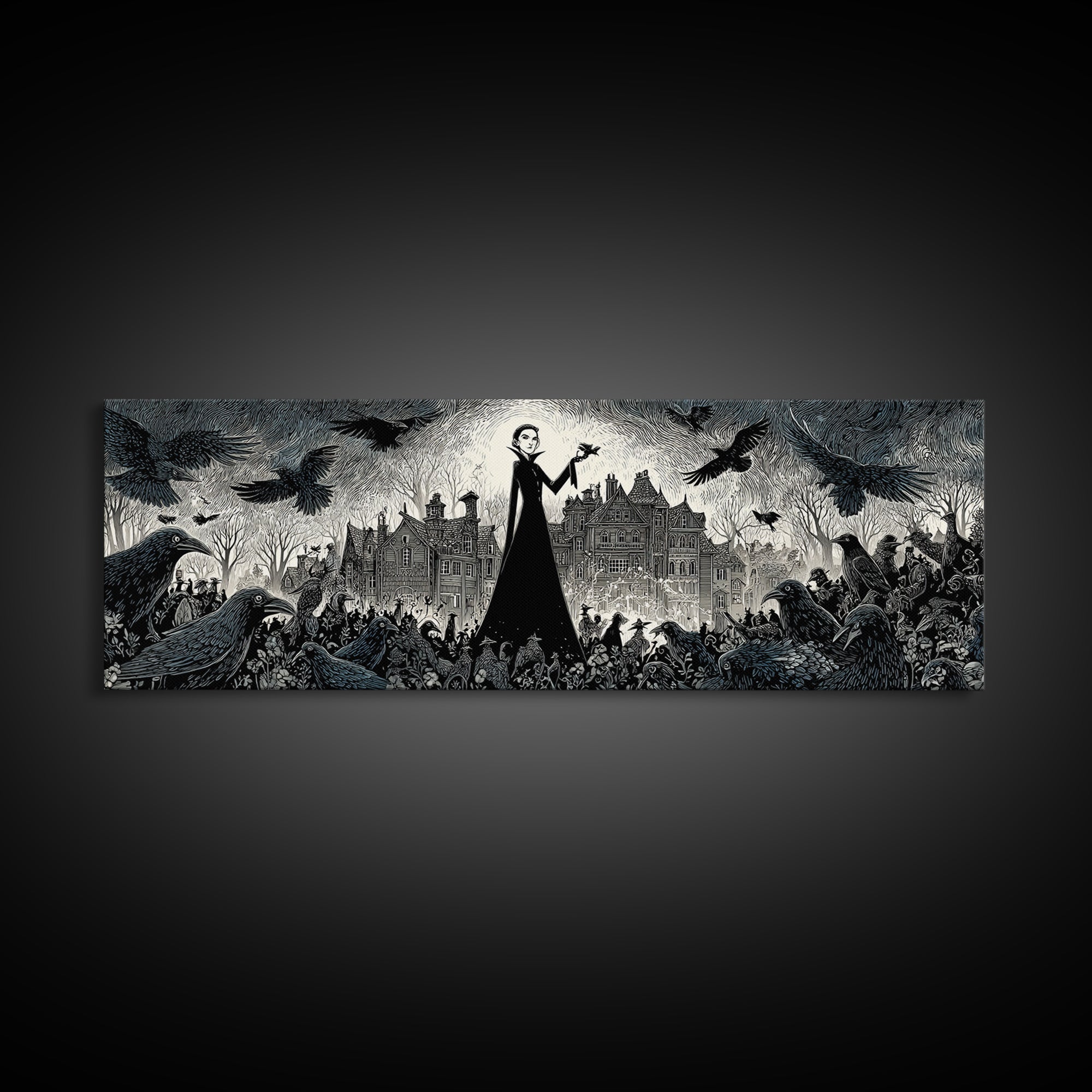 The Raven Keeper, Victorian Macabre Art, Extra Wide Wall Art, Macabre Wall Art, Framed Canvas Print, Halloween Wall Art, Halloween Decor