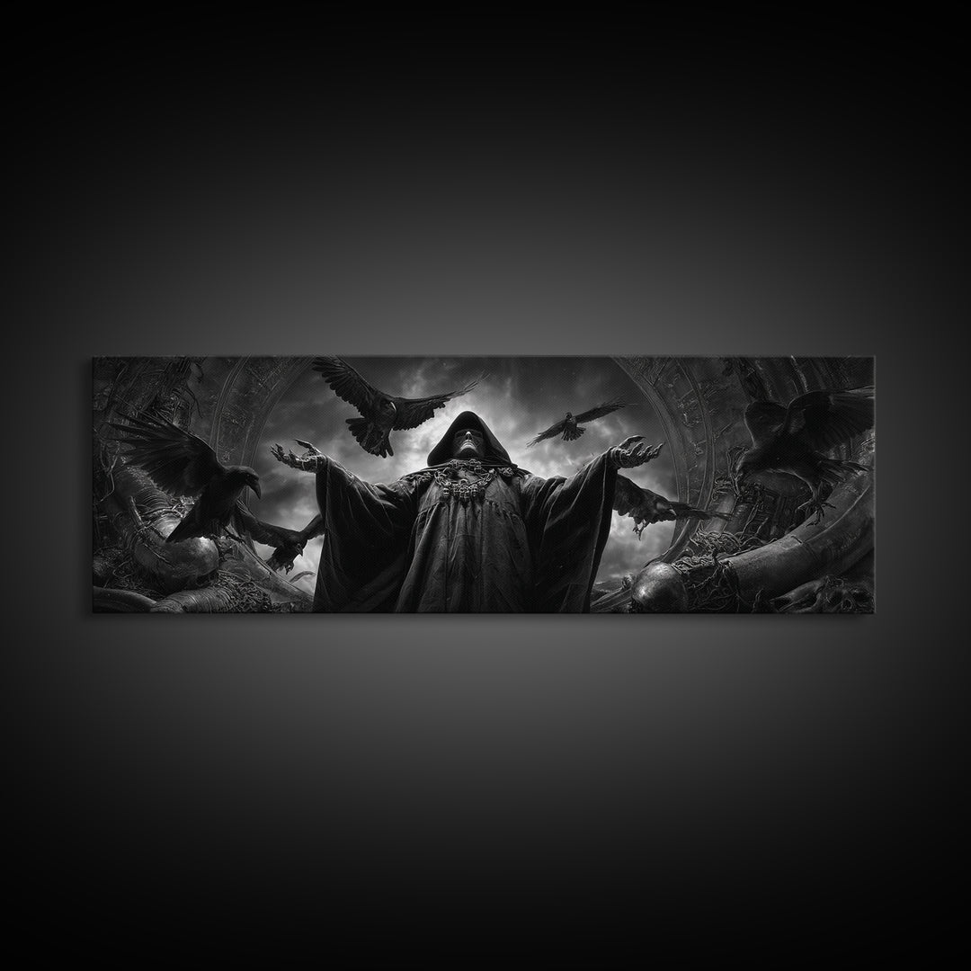 The Raven Keeper, Biomechanical Horror Art, Extra Wide Wall Art, Gothic Horror Wall Art, Canvas Print, Halloween Wall Art