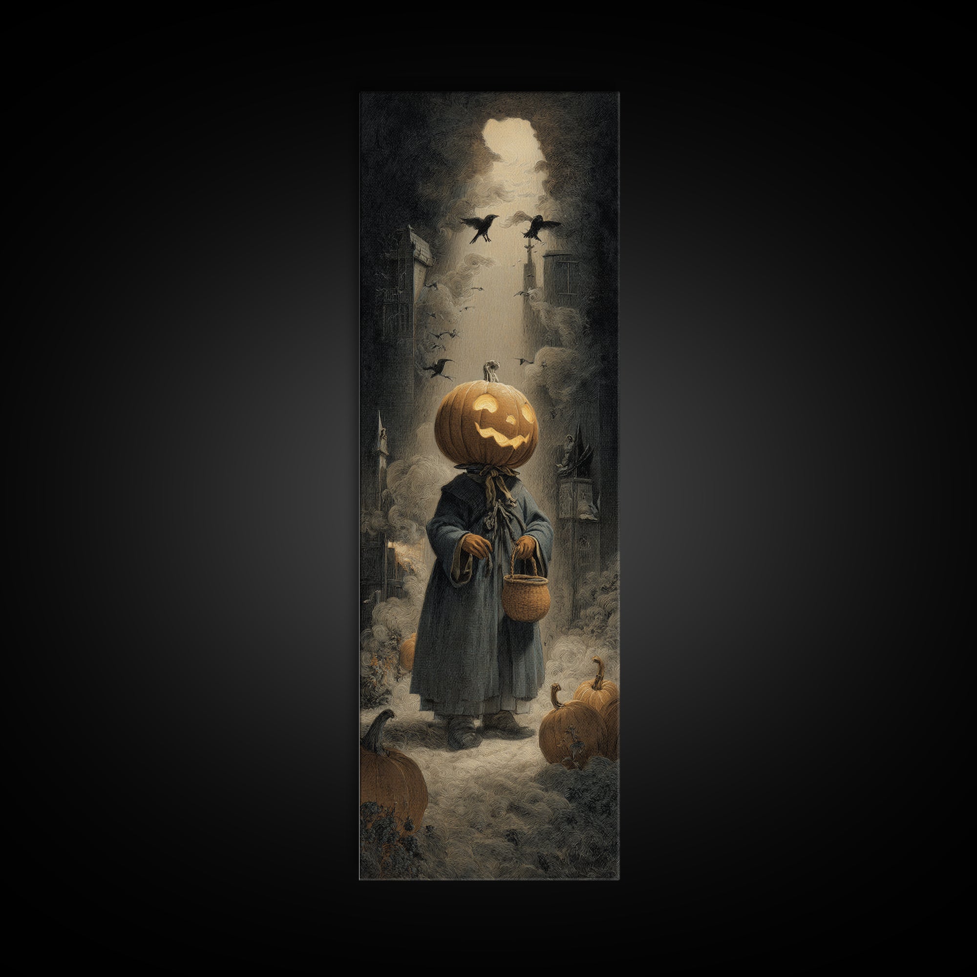 The Pumpkin-Headed Child, Gothic Engraving Art, Tall Narrow Wall Art, Gothic Horror Wall Art, Framed Canvas Print, Halloween Wall Art