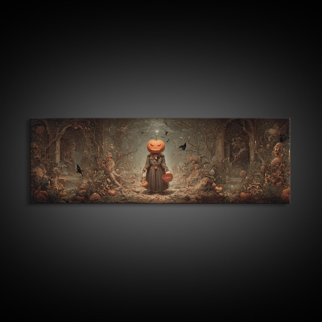 The Pumpkin-Headed Child, Medieval Grotesque Art, Extra Wide Wall Art, Macabre Wall Art, Canvas Print, Halloween Wall Art